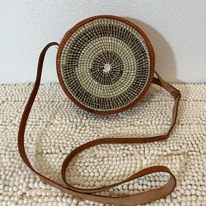 Leather and Rattan Crossbody Bag